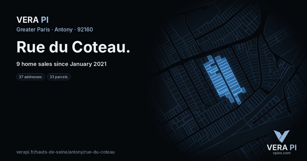 Rue du Coteau, Antony at night – every parcel coloured by the prices around it, the street's own parcels lit