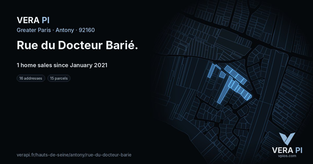 Rue du Docteur Barié, Antony at night – every parcel coloured by the prices around it, the street's own parcels lit