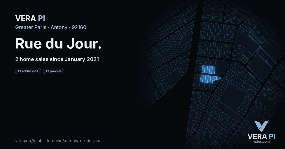 Rue du Jour, Antony at night – every parcel coloured by the prices around it, the street's own parcels lit