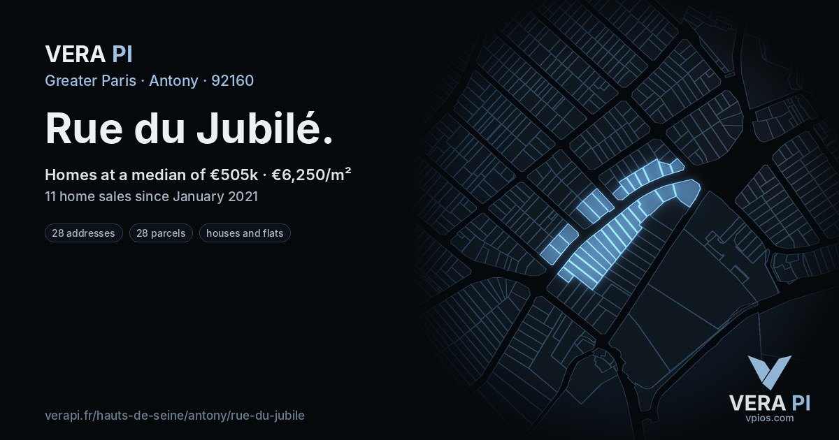 Rue du Jubilé, Antony at night – every parcel coloured by the prices around it, the street's own parcels lit