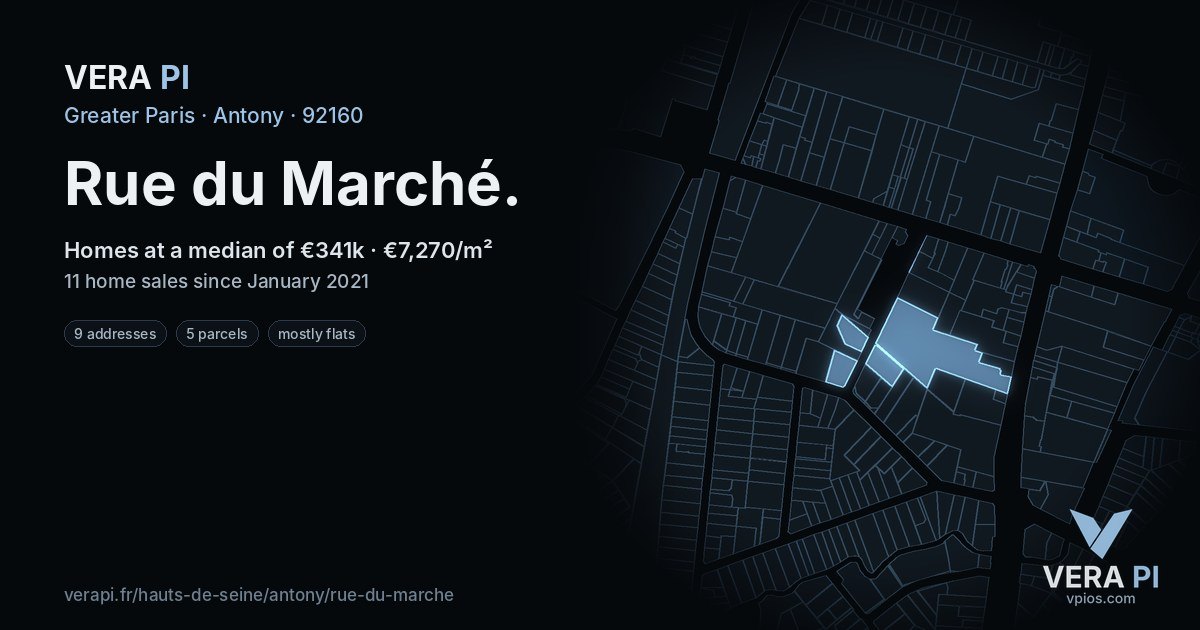 Rue du Marché, Antony at night – every parcel coloured by the prices around it, the street's own parcels lit