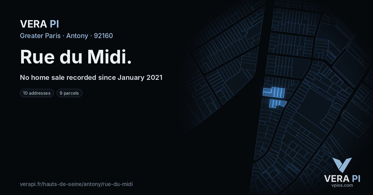 Rue du Midi, Antony at night – every parcel coloured by the prices around it, the street's own parcels lit