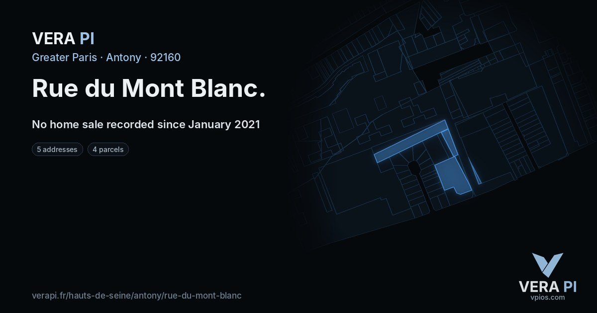 Rue du Mont Blanc, Antony at night – every parcel coloured by the prices around it, the street's own parcels lit