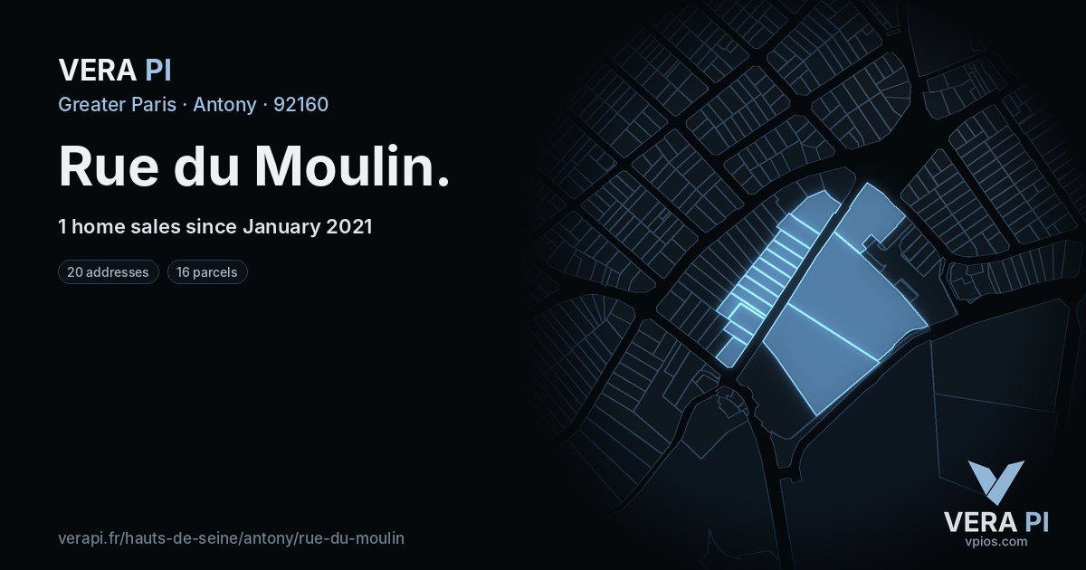 Rue du Moulin, Antony at night – every parcel coloured by the prices around it, the street's own parcels lit