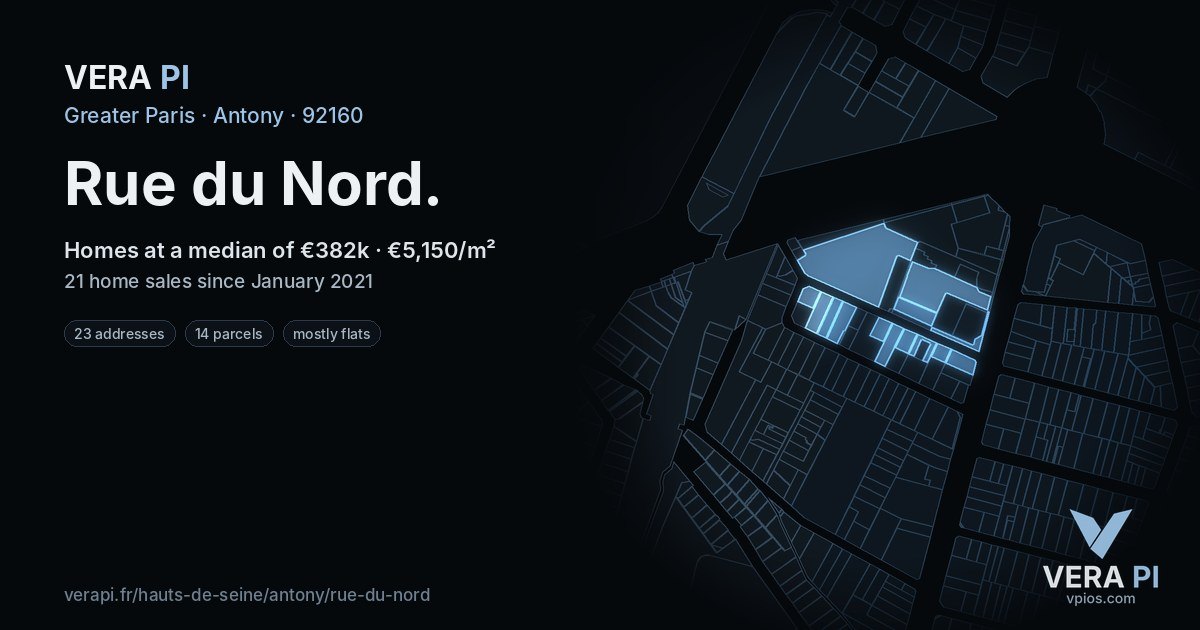 Rue du Nord, Antony at night – every parcel coloured by the prices around it, the street's own parcels lit