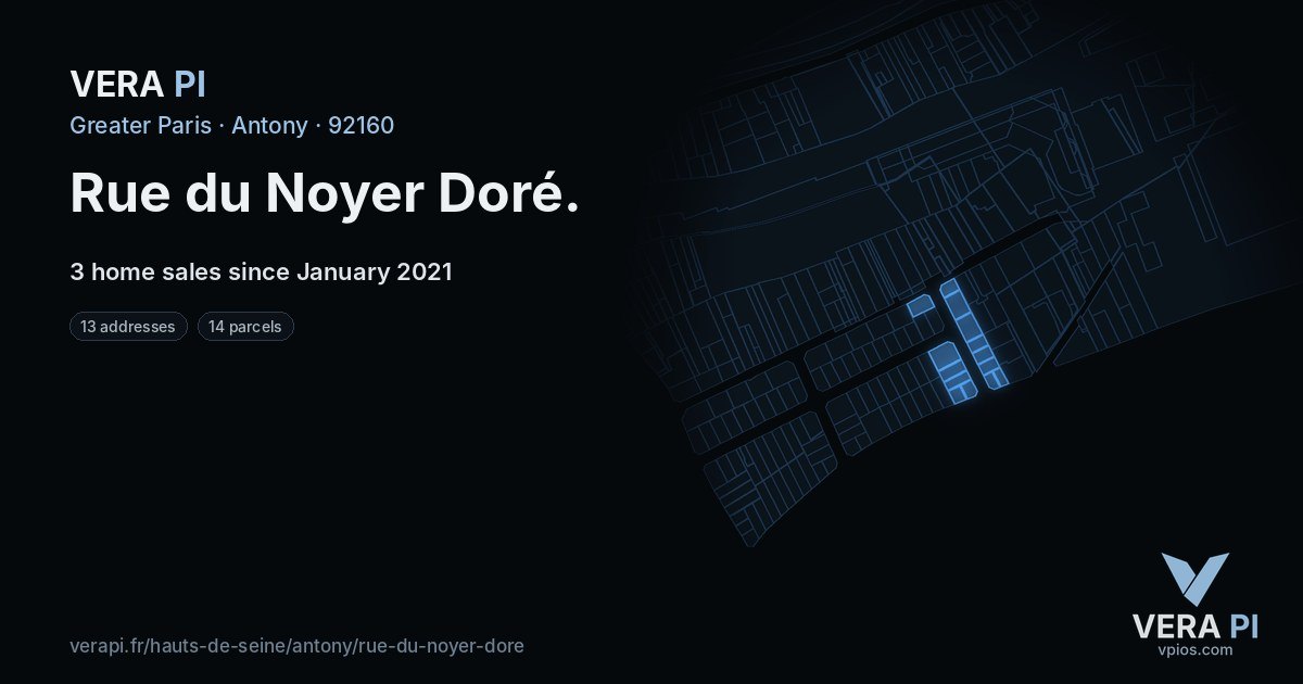 Rue du Noyer Doré, Antony at night – every parcel coloured by the prices around it, the street's own parcels lit