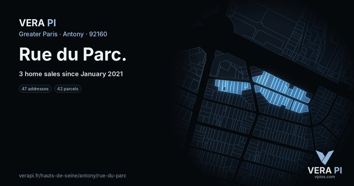 Rue du Parc, Antony at night – every parcel coloured by the prices around it, the street's own parcels lit