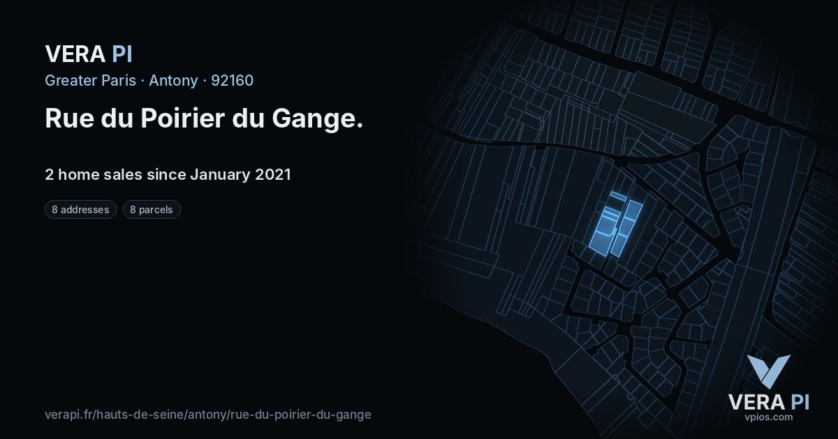 Rue du Poirier du Gange, Antony at night – every parcel coloured by the prices around it, the street's own parcels lit
