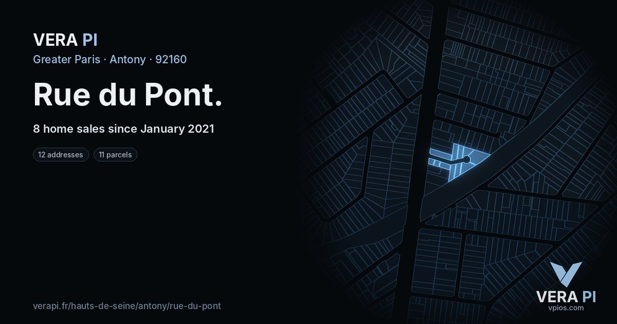 Rue du Pont, Antony at night – every parcel coloured by the prices around it, the street's own parcels lit