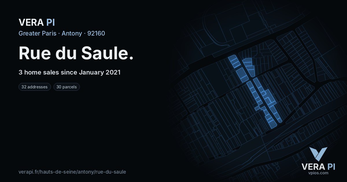 Rue du Saule, Antony at night – every parcel coloured by the prices around it, the street's own parcels lit
