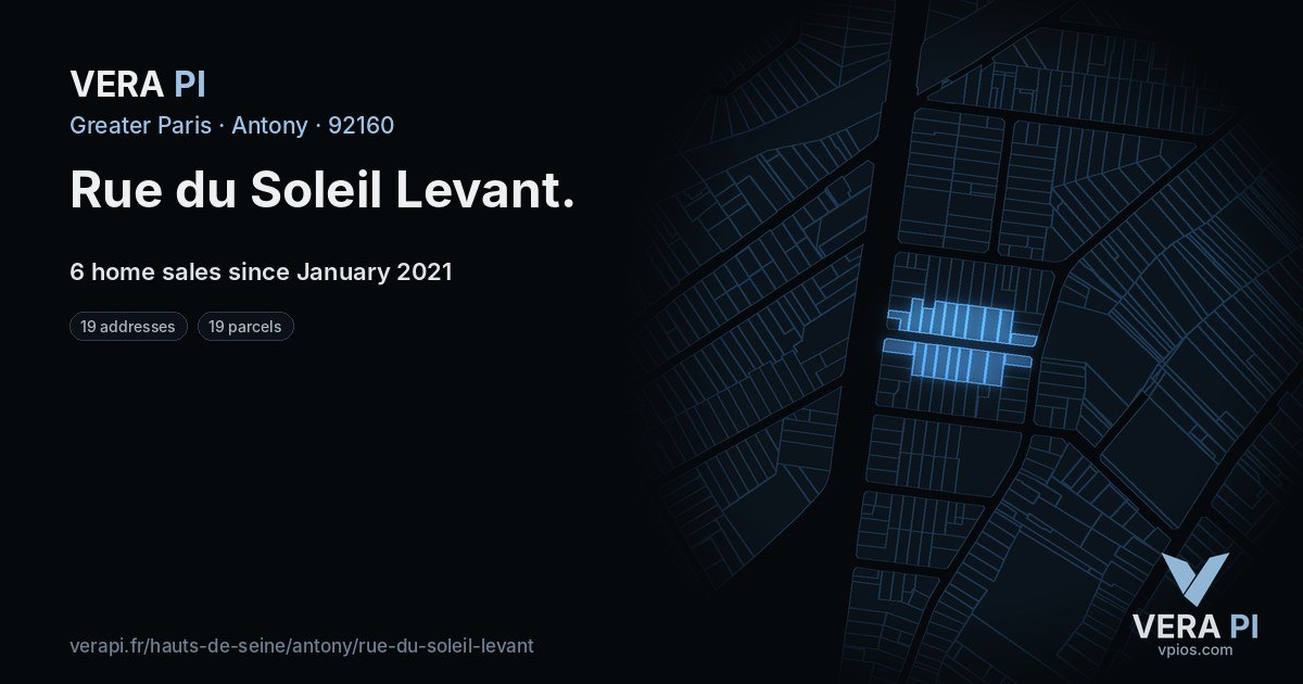 Rue du Soleil Levant, Antony at night – every parcel coloured by the prices around it, the street's own parcels lit