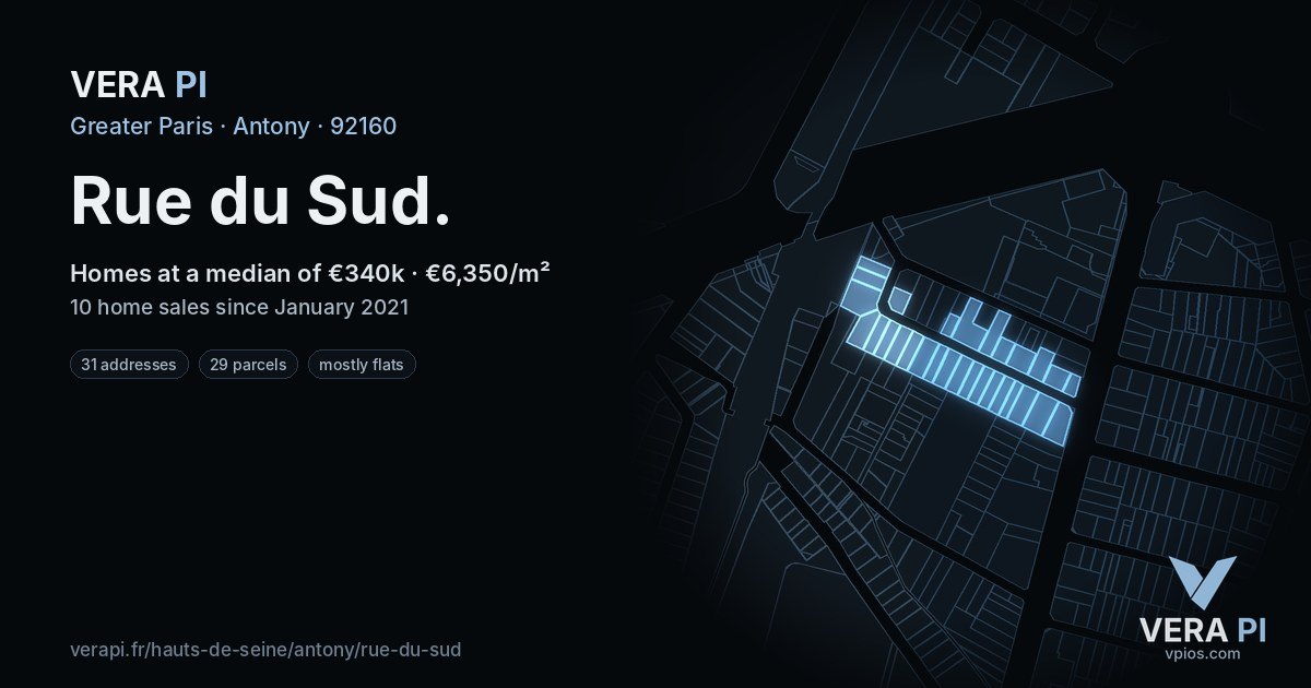 Rue du Sud, Antony at night – every parcel coloured by the prices around it, the street's own parcels lit