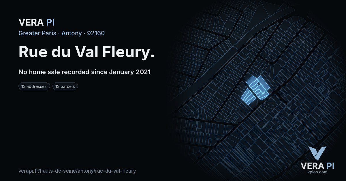 Rue du Val Fleury, Antony at night – every parcel coloured by the prices around it, the street's own parcels lit