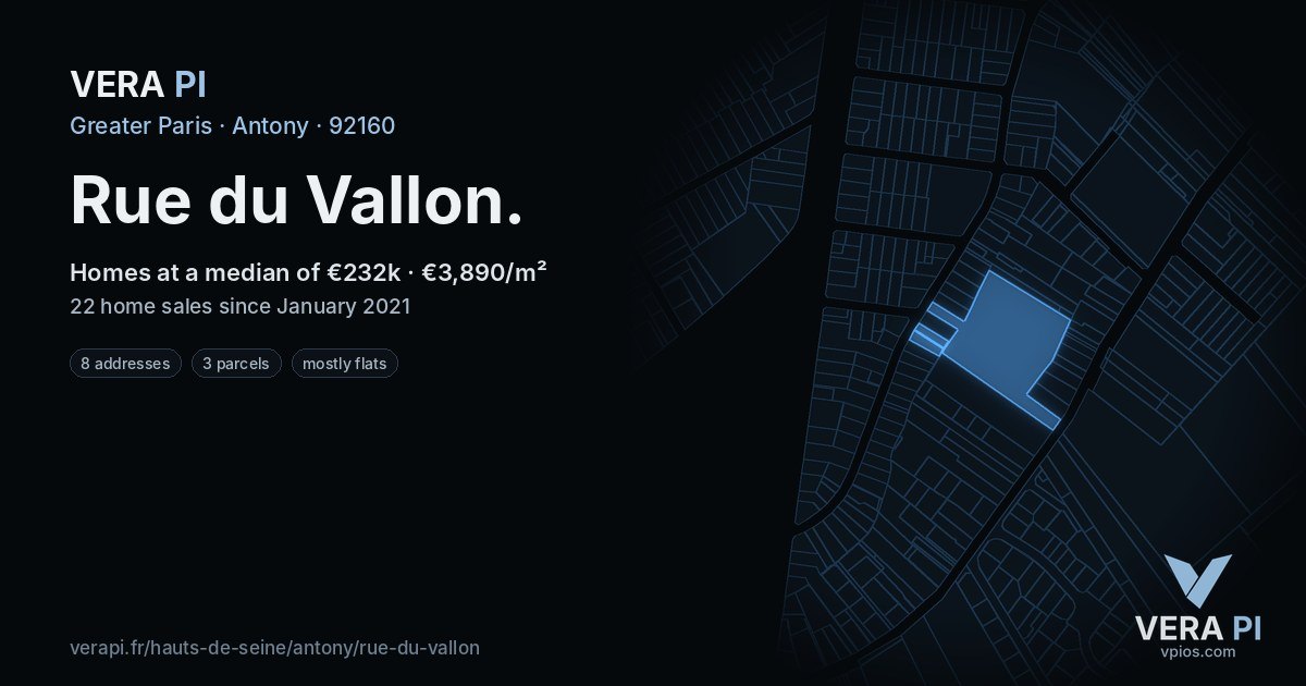 Rue du Vallon, Antony at night – every parcel coloured by the prices around it, the street's own parcels lit