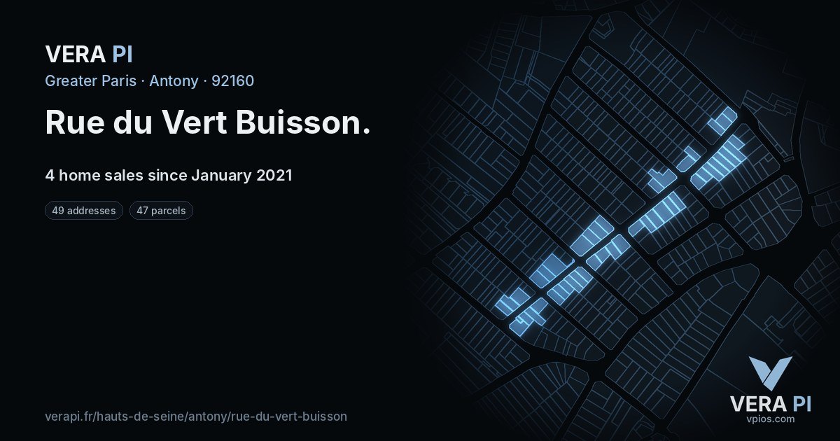Rue du Vert Buisson, Antony at night – every parcel coloured by the prices around it, the street's own parcels lit