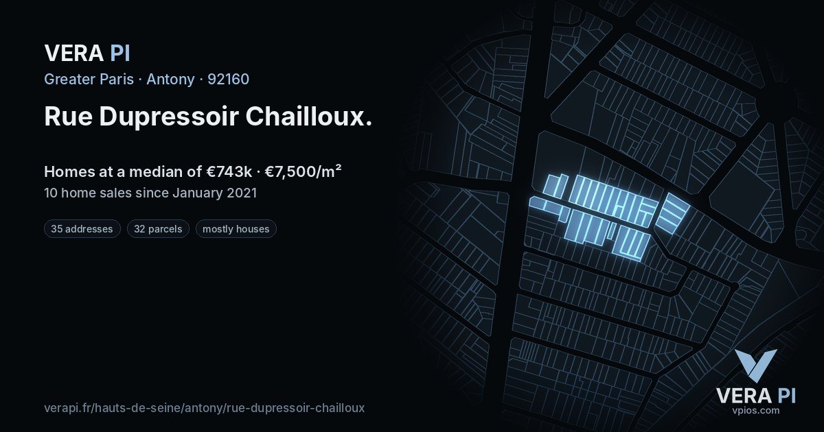 Rue Dupressoir Chailloux, Antony at night – every parcel coloured by the prices around it, the street's own parcels lit