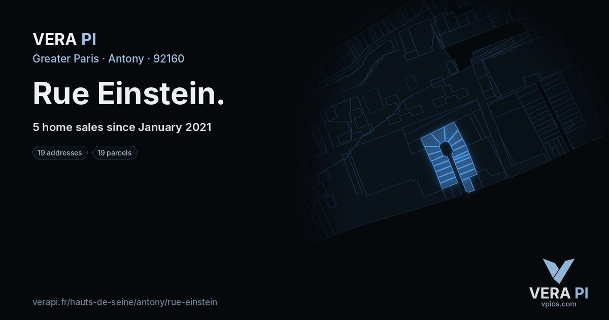 Rue Einstein, Antony at night – every parcel coloured by the prices around it, the street's own parcels lit