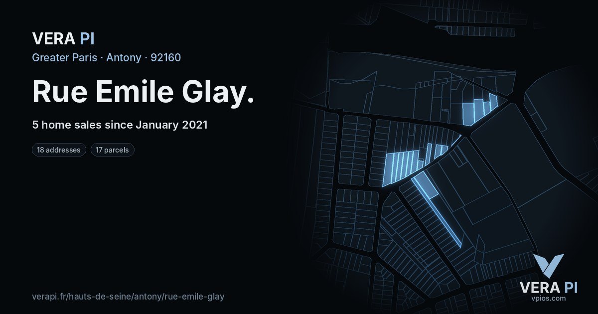 Rue Emile Glay, Antony at night – every parcel coloured by the prices around it, the street's own parcels lit