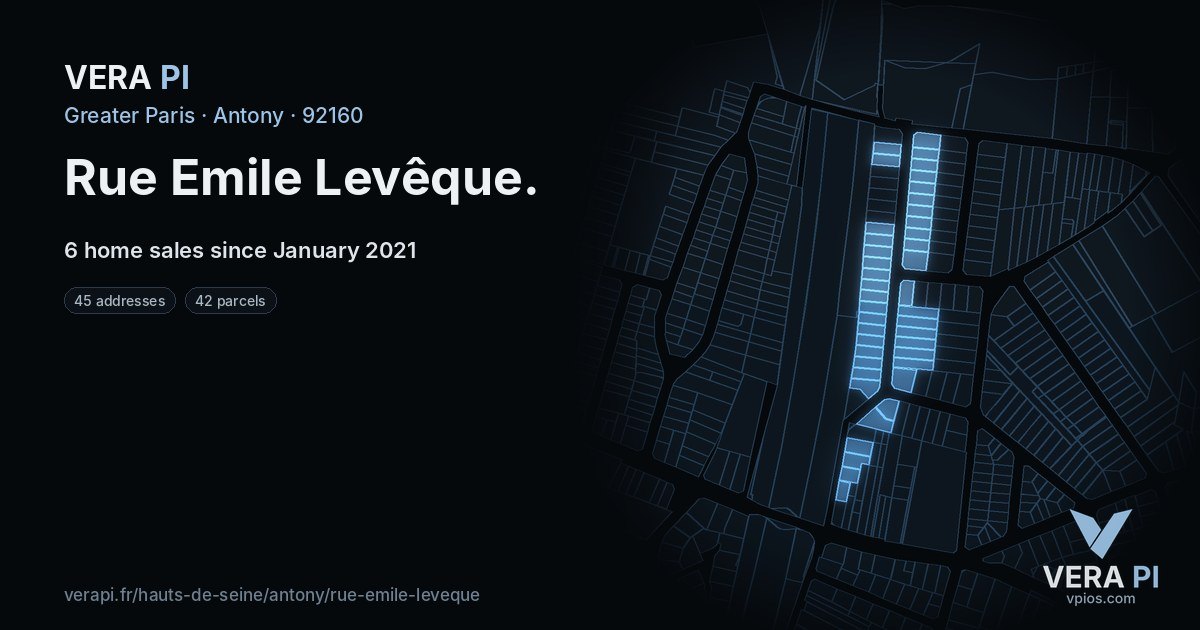 Rue Emile Levêque, Antony at night – every parcel coloured by the prices around it, the street's own parcels lit