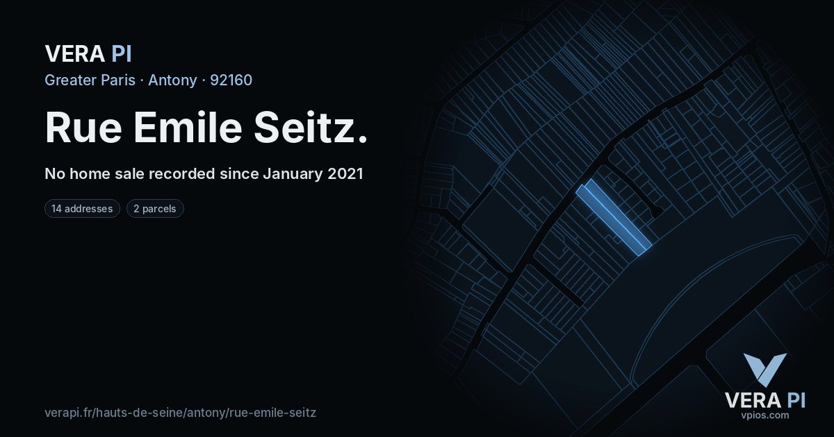 Rue Emile Seitz, Antony at night – every parcel coloured by the prices around it, the street's own parcels lit