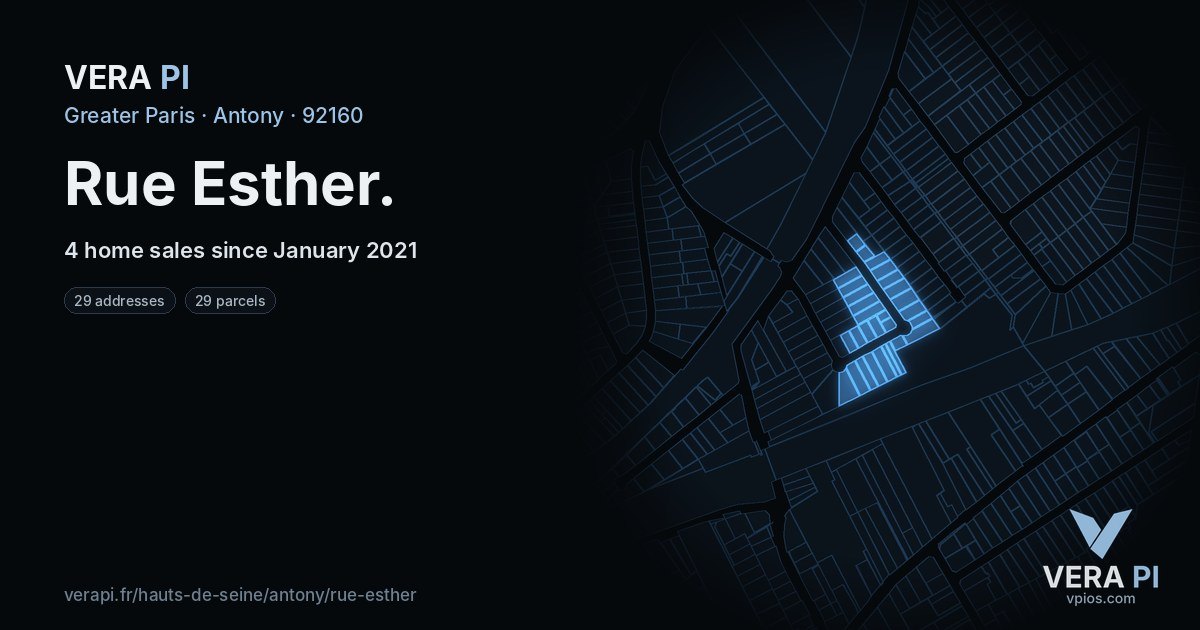 Rue Esther, Antony at night – every parcel coloured by the prices around it, the street's own parcels lit