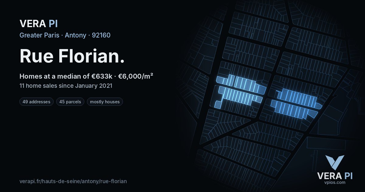 Rue Florian, Antony at night – every parcel coloured by the prices around it, the street's own parcels lit