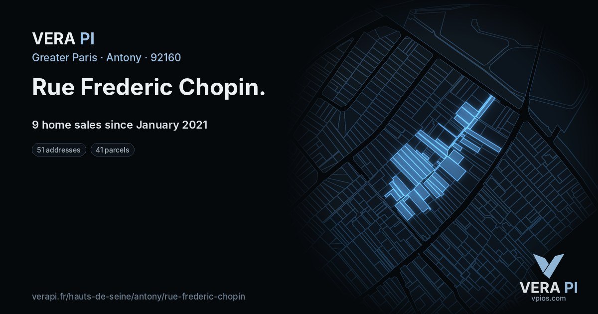 Rue Frederic Chopin, Antony at night – every parcel coloured by the prices around it, the street's own parcels lit