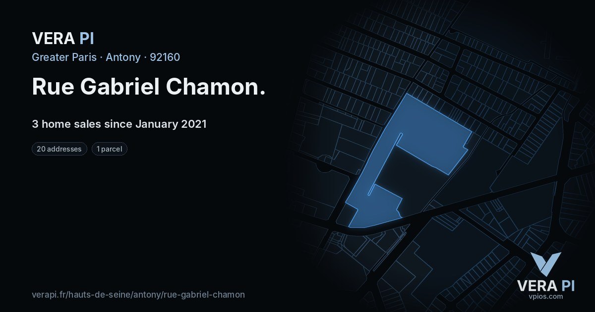 Rue Gabriel Chamon, Antony at night – every parcel coloured by the prices around it, the street's own parcels lit