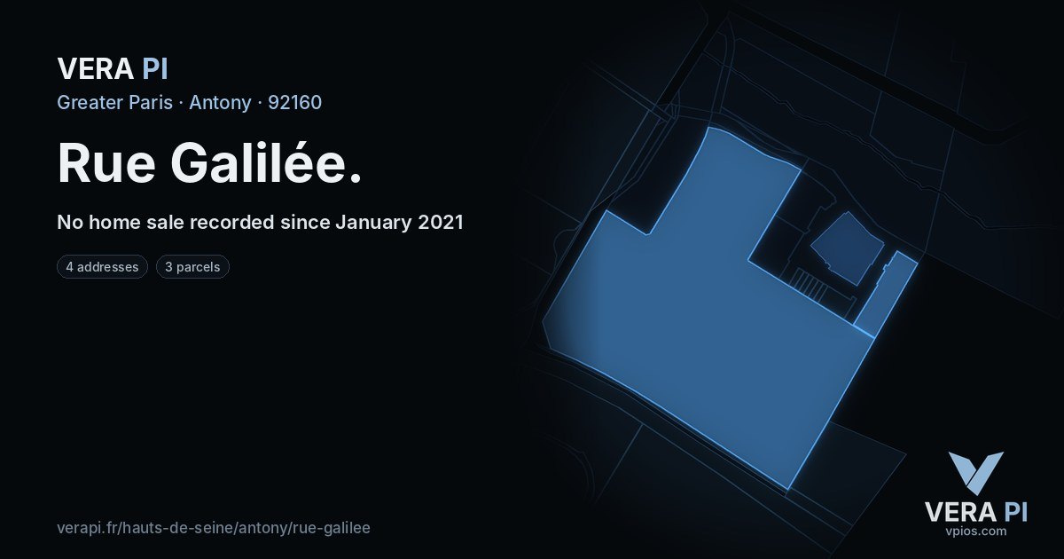 Rue Galilée, Antony at night – every parcel coloured by the prices around it, the street's own parcels lit