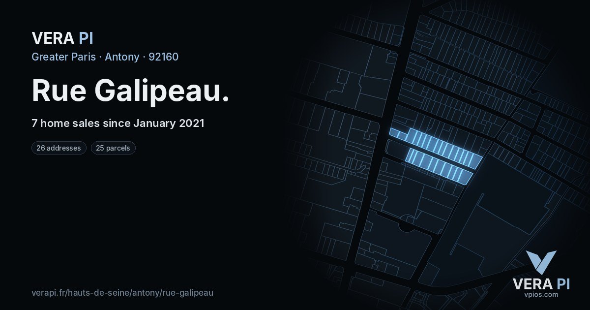 Rue Galipeau, Antony at night – every parcel coloured by the prices around it, the street's own parcels lit