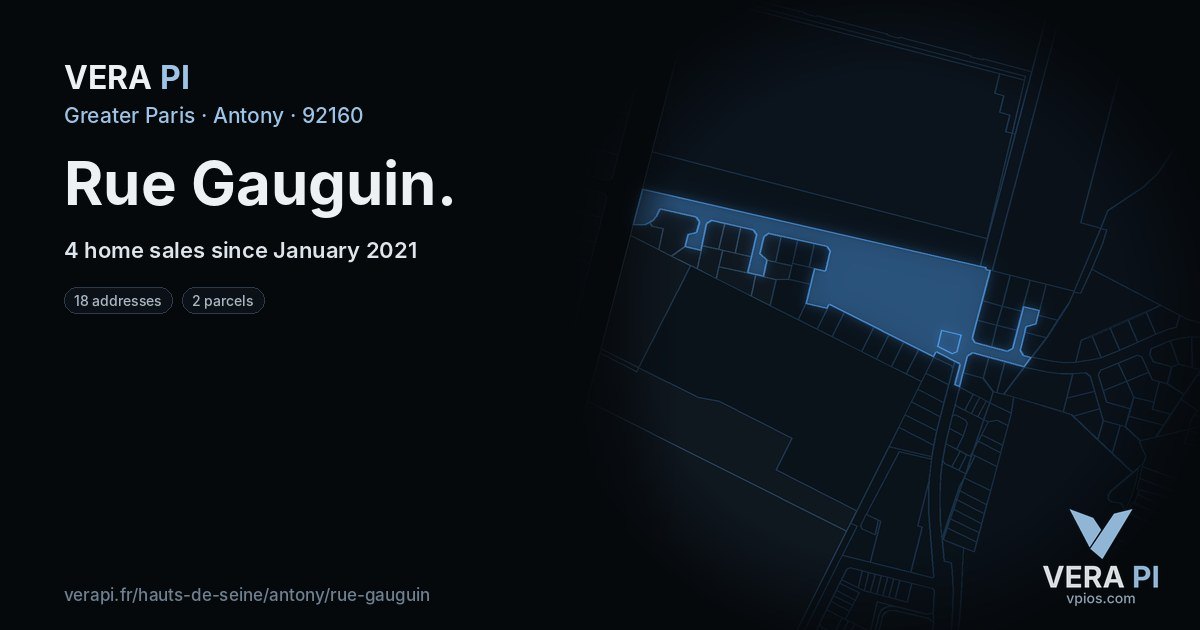 Rue Gauguin, Antony at night – every parcel coloured by the prices around it, the street's own parcels lit