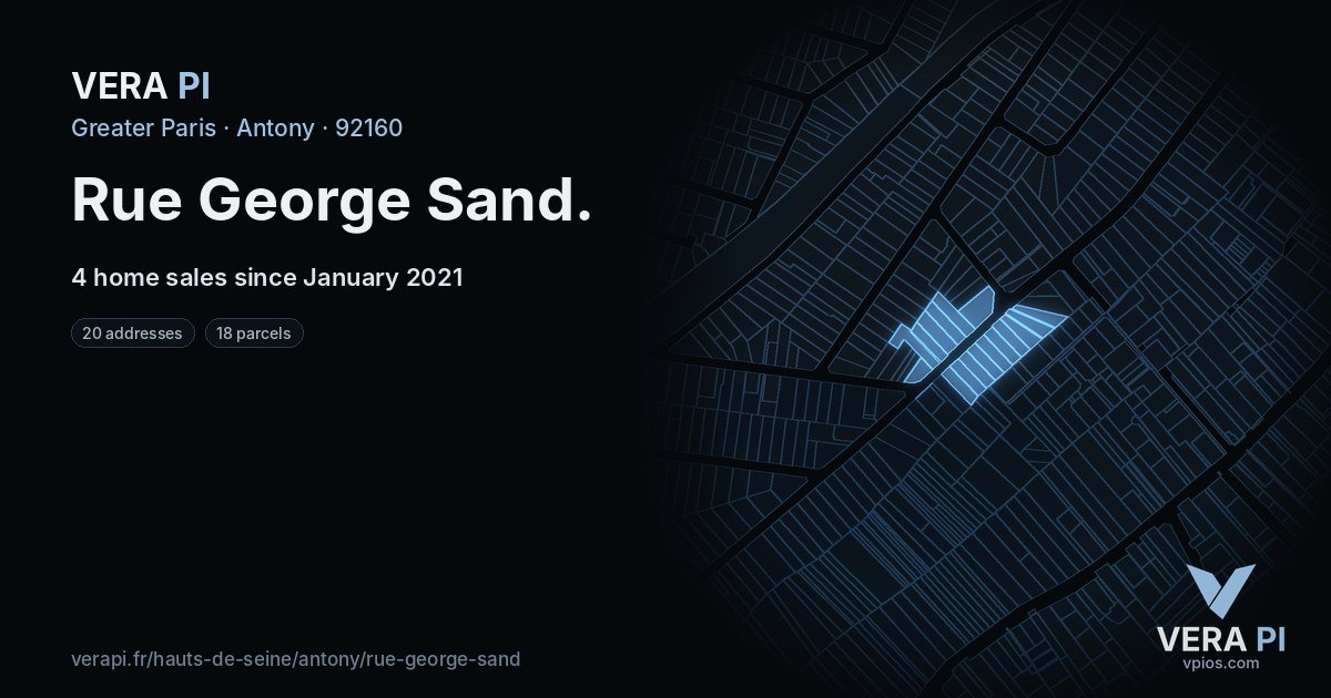 Rue George Sand, Antony at night – every parcel coloured by the prices around it, the street's own parcels lit
