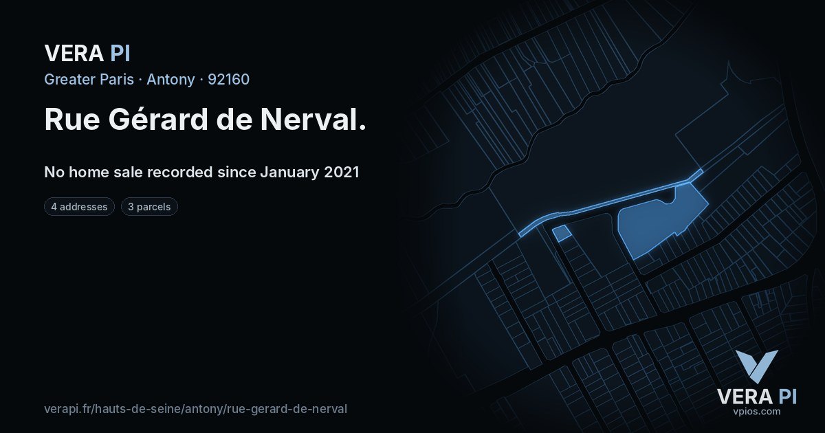 Rue Gérard de Nerval, Antony at night – every parcel coloured by the prices around it, the street's own parcels lit