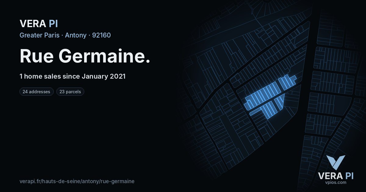Rue Germaine, Antony at night – every parcel coloured by the prices around it, the street's own parcels lit