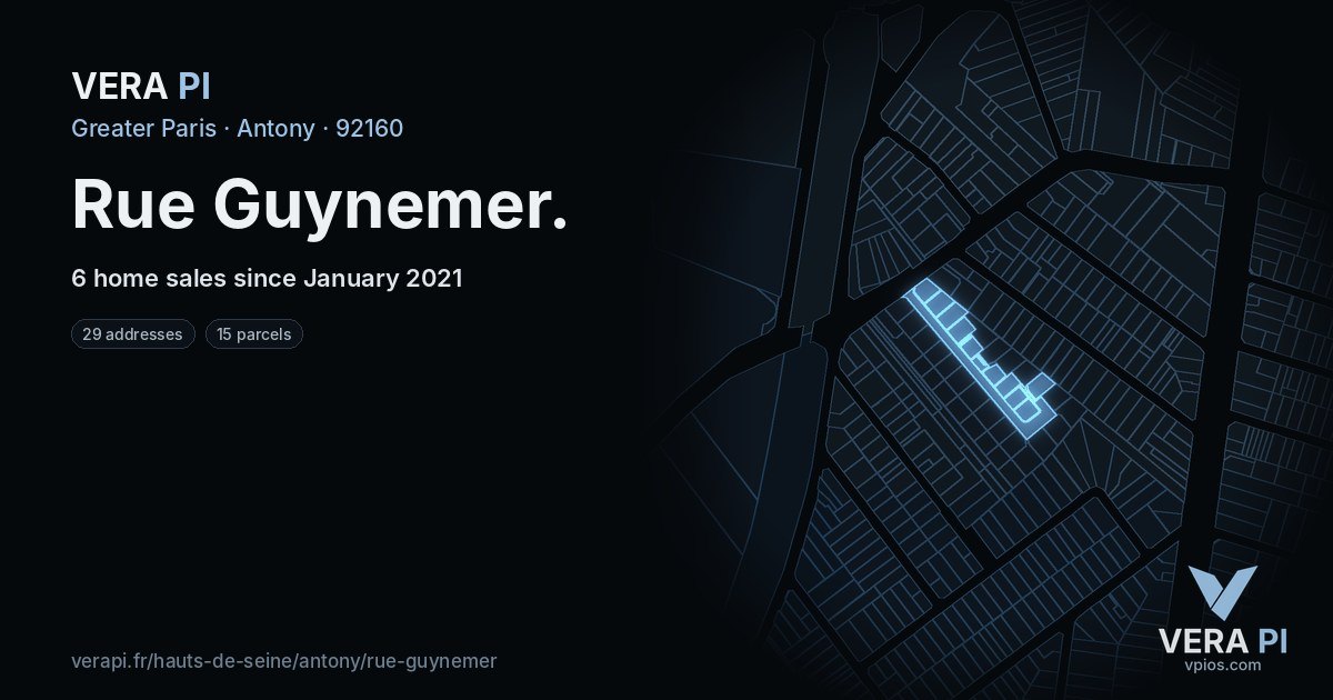 Rue Guynemer, Antony at night – every parcel coloured by the prices around it, the street's own parcels lit