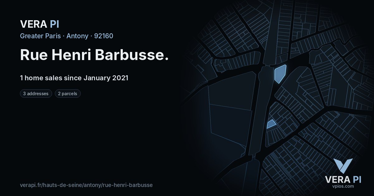 Rue Henri Barbusse, Antony at night – every parcel coloured by the prices around it, the street's own parcels lit
