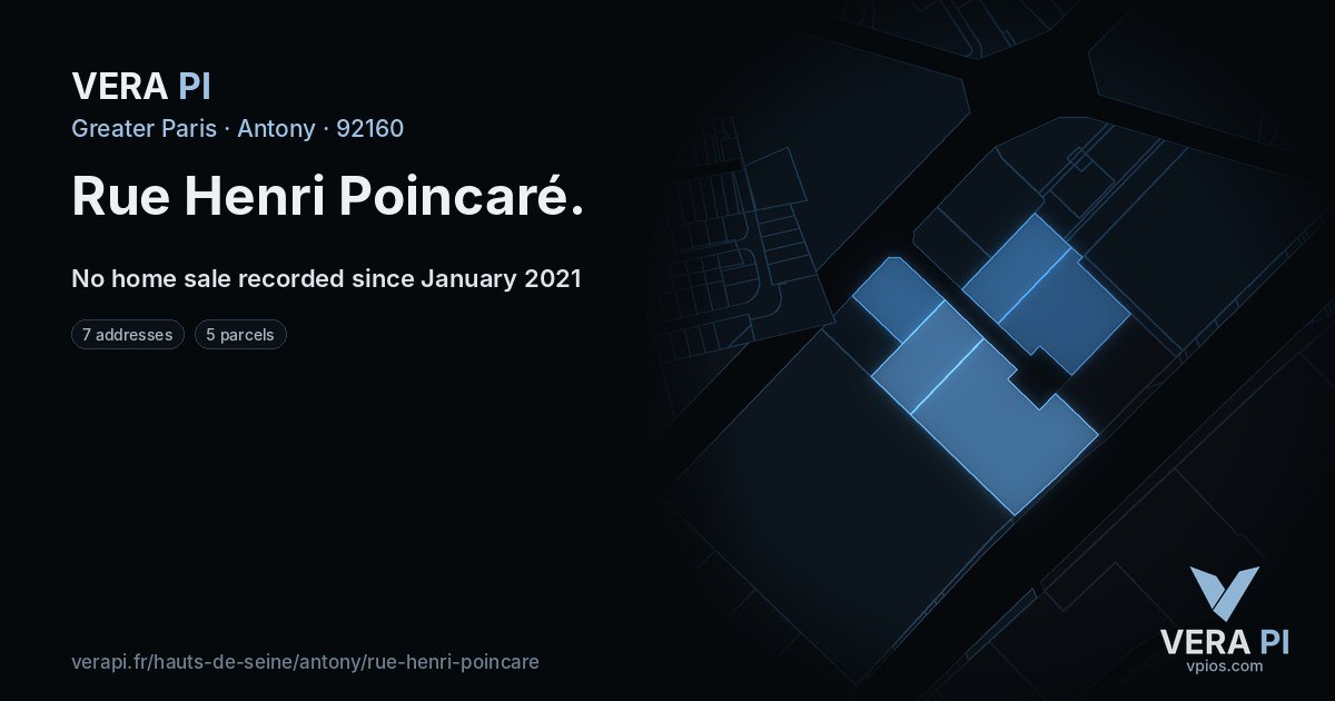 Rue Henri Poincaré, Antony at night – every parcel coloured by the prices around it, the street's own parcels lit