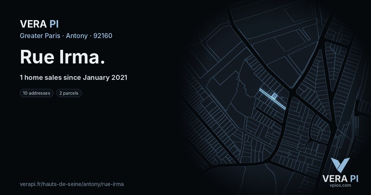 Rue Irma, Antony at night – every parcel coloured by the prices around it, the street's own parcels lit