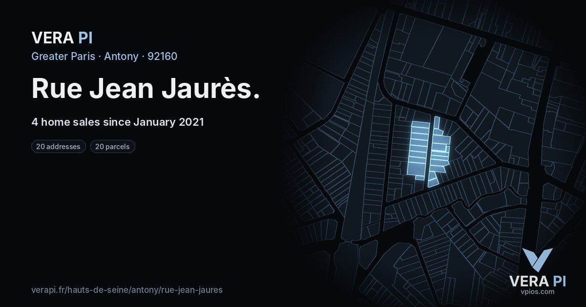 Rue Jean Jaurès, Antony at night – every parcel coloured by the prices around it, the street's own parcels lit