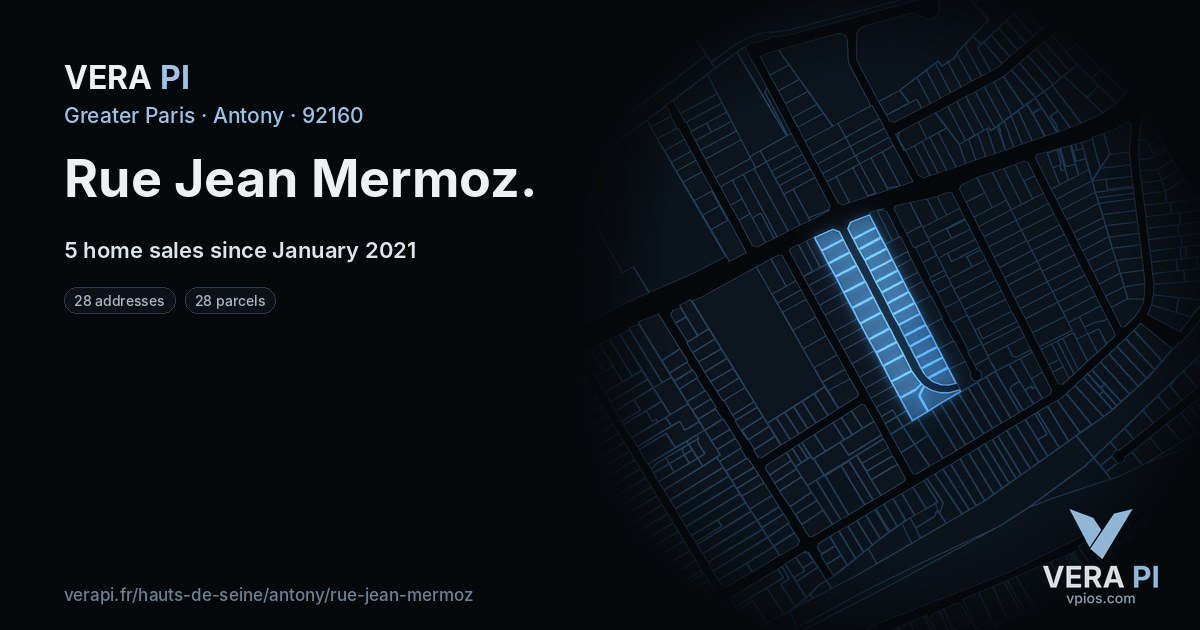 Rue Jean Mermoz, Antony at night – every parcel coloured by the prices around it, the street's own parcels lit