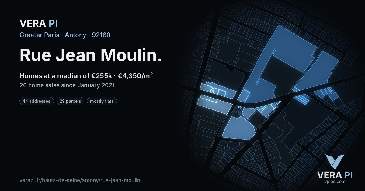 Rue Jean Moulin, Antony at night – every parcel coloured by the prices around it, the street's own parcels lit