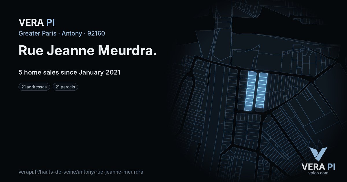 Rue Jeanne Meurdra, Antony at night – every parcel coloured by the prices around it, the street's own parcels lit
