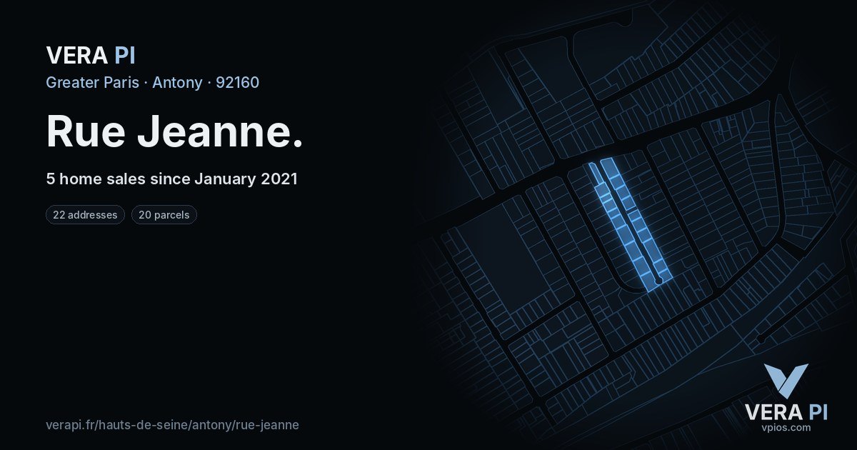 Rue Jeanne, Antony at night – every parcel coloured by the prices around it, the street's own parcels lit