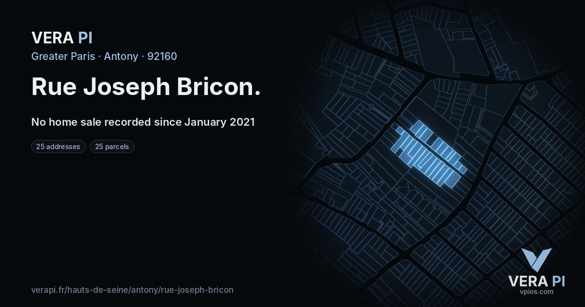 Rue Joseph Bricon, Antony at night – every parcel coloured by the prices around it, the street's own parcels lit