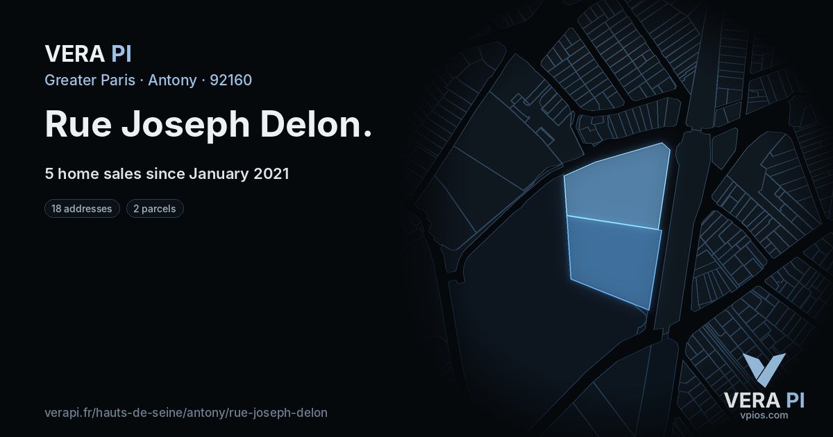 Rue Joseph Delon, Antony at night – every parcel coloured by the prices around it, the street's own parcels lit