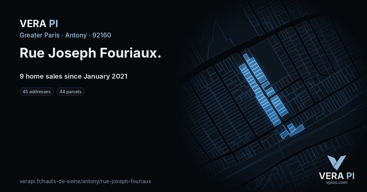 Rue Joseph Fouriaux, Antony at night – every parcel coloured by the prices around it, the street's own parcels lit