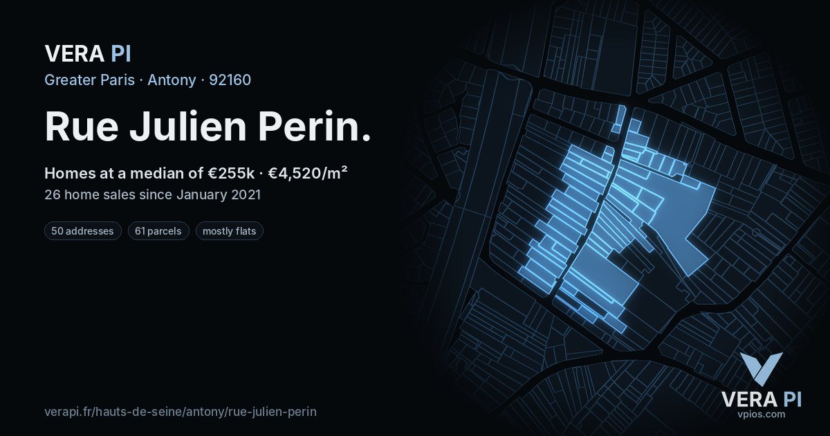 Rue Julien Perin, Antony at night – every parcel coloured by the prices around it, the street's own parcels lit