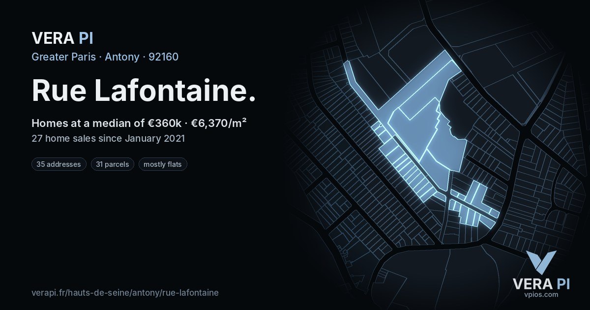 Rue Lafontaine, Antony at night – every parcel coloured by the prices around it, the street's own parcels lit