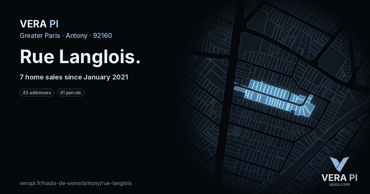Rue Langlois, Antony at night – every parcel coloured by the prices around it, the street's own parcels lit