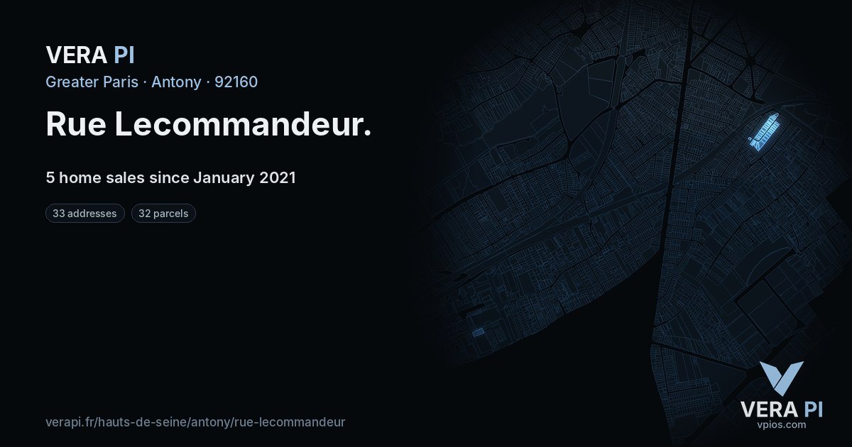 Rue Lecommandeur, Antony at night – every parcel coloured by the prices around it, the street's own parcels lit